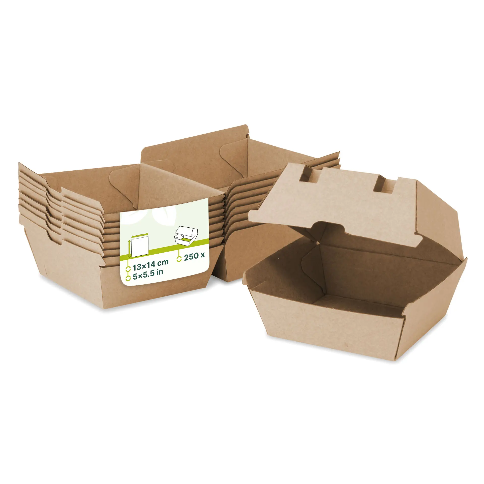Sturdy brown kraft takeaway burger boxes, 13 x 14 x 8 cm, with a high flip-top lid. Multiple boxes stacked together.